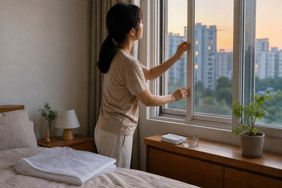 방충망을 점검하고 화분 받침의 고인 물을 비우는 여름철 실내 모습
