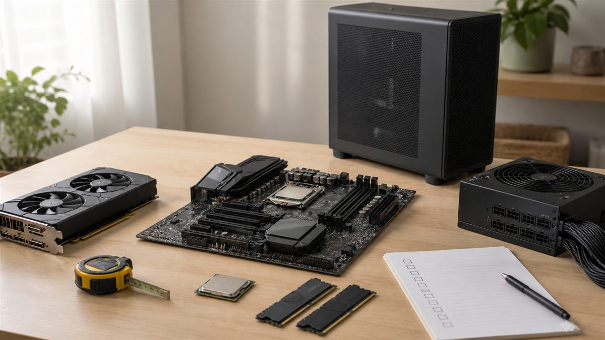 메인보드 CPU 그래픽카드 램 파워를 함께 놓고 컴퓨터 견적 호환성을 확인하는 모습