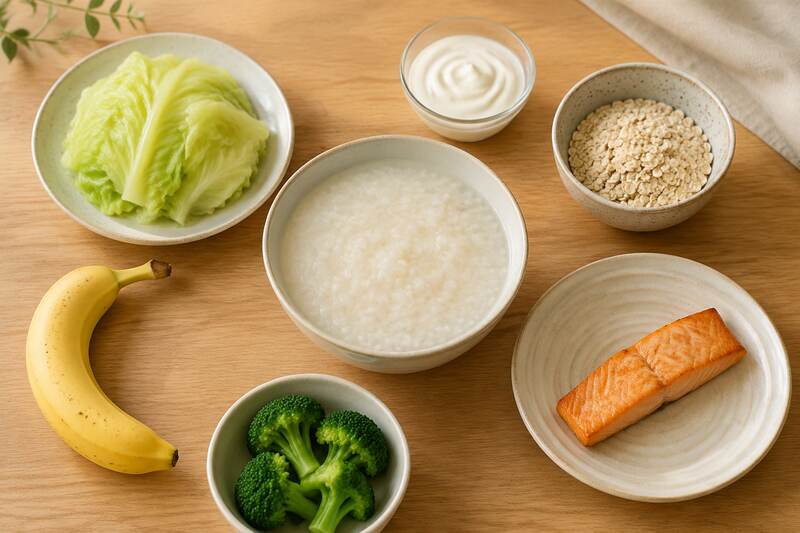 죽, 양배추, 바나나, 요구르트, 귀리, 브로콜리, 연어가 차려진 식탁