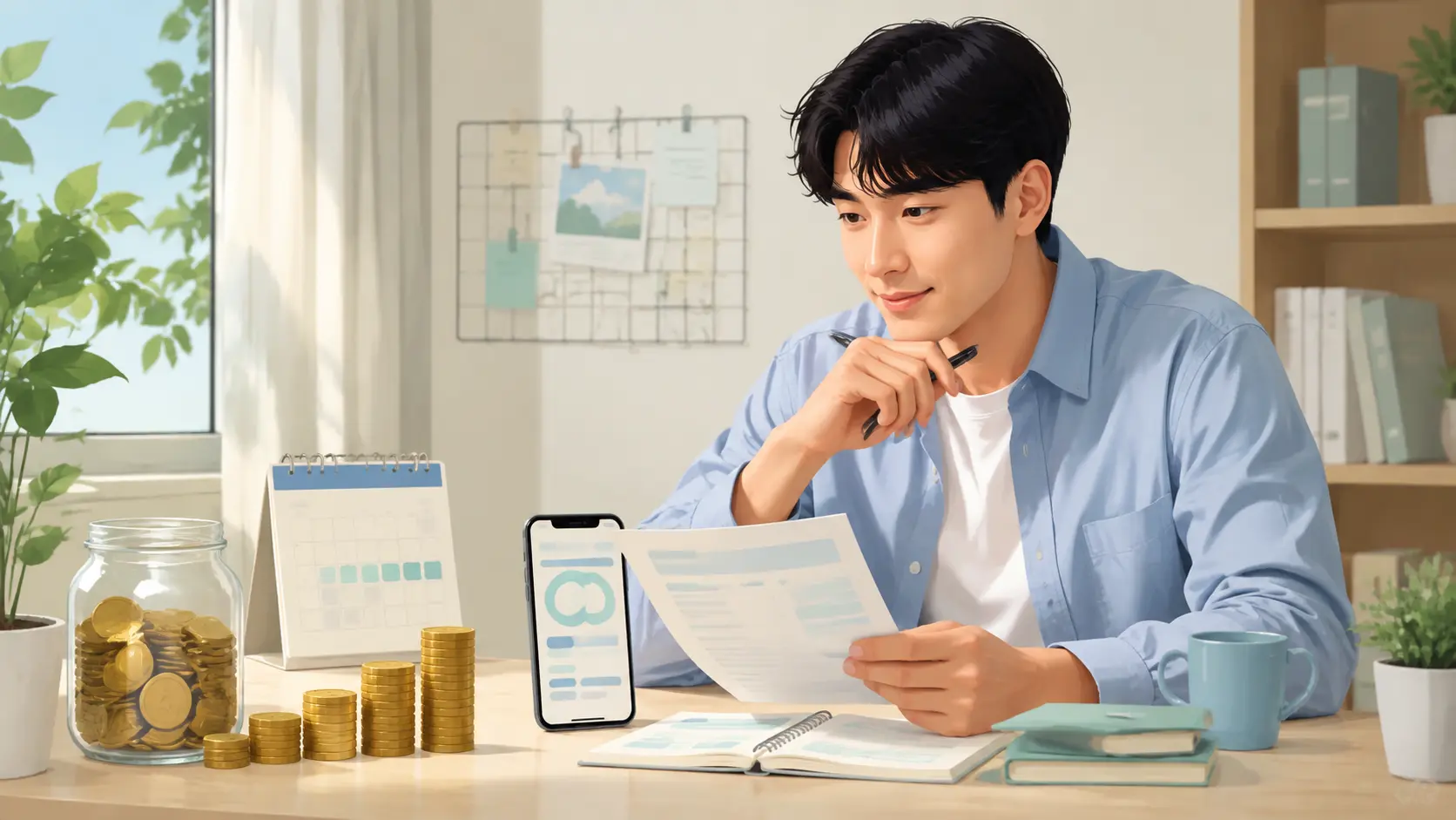 스마트폰으로 청년미래적금 저축 계획을 확인하는 청년과 동전 저금통