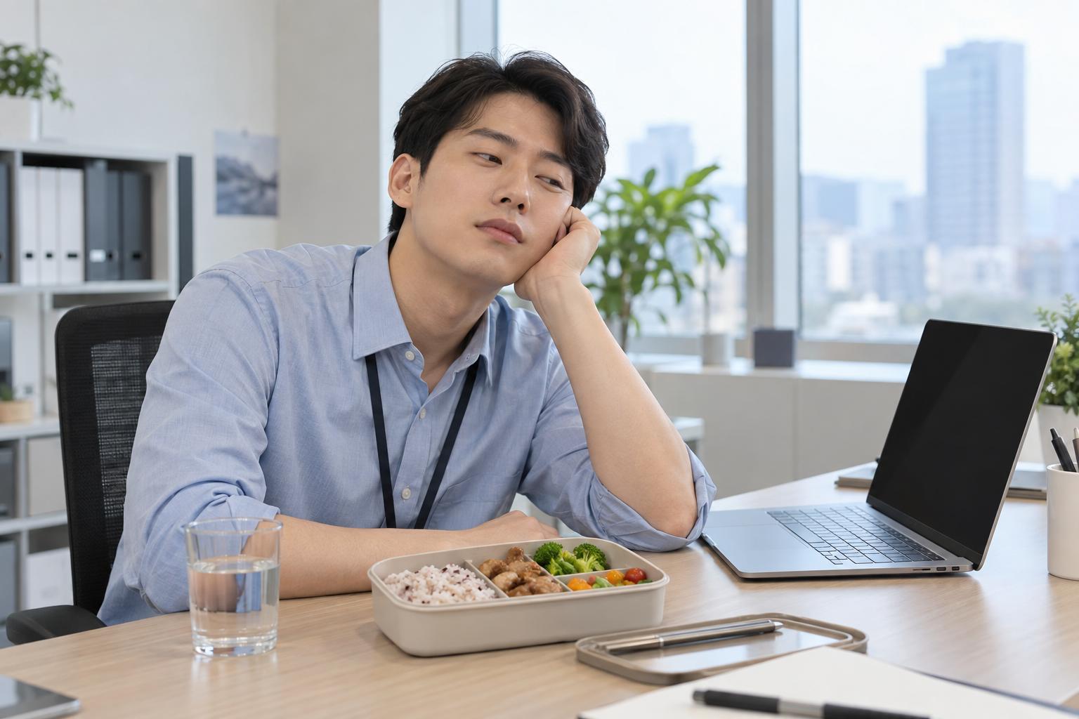 점심 도시락을 앞에 두고 사무실에서 잠시 쉬는 성인